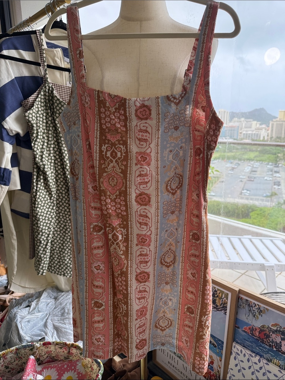 Abercrombie and Fitch Boho Stripe Paisley Romper Dress in Coral and Light Blue